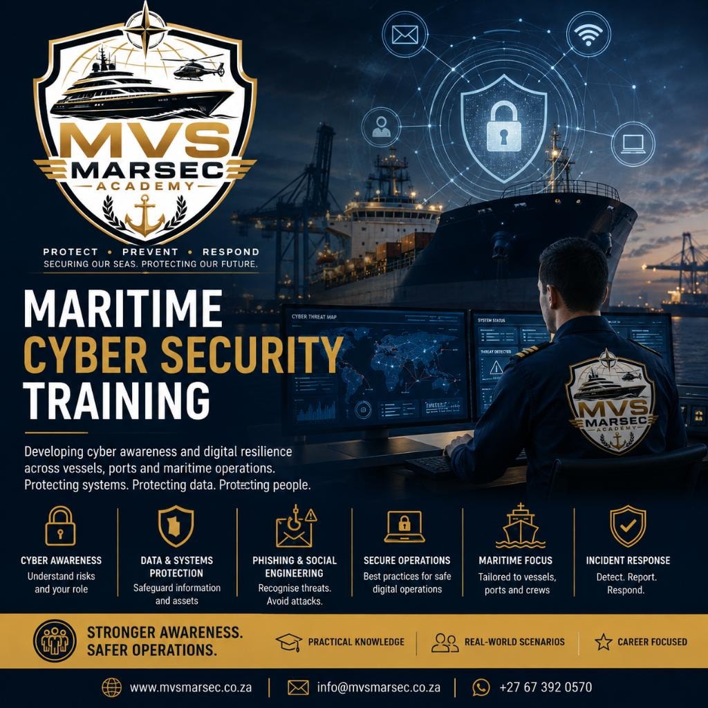 Maritime Cyber Security Training promotional graphic showing a maritime cyber security operator and vessel