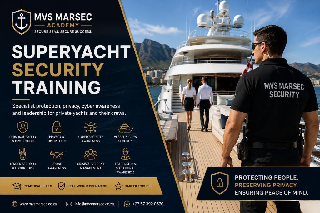 Superyacht Security Training promotional graphic showing a security professional beside a superyacht