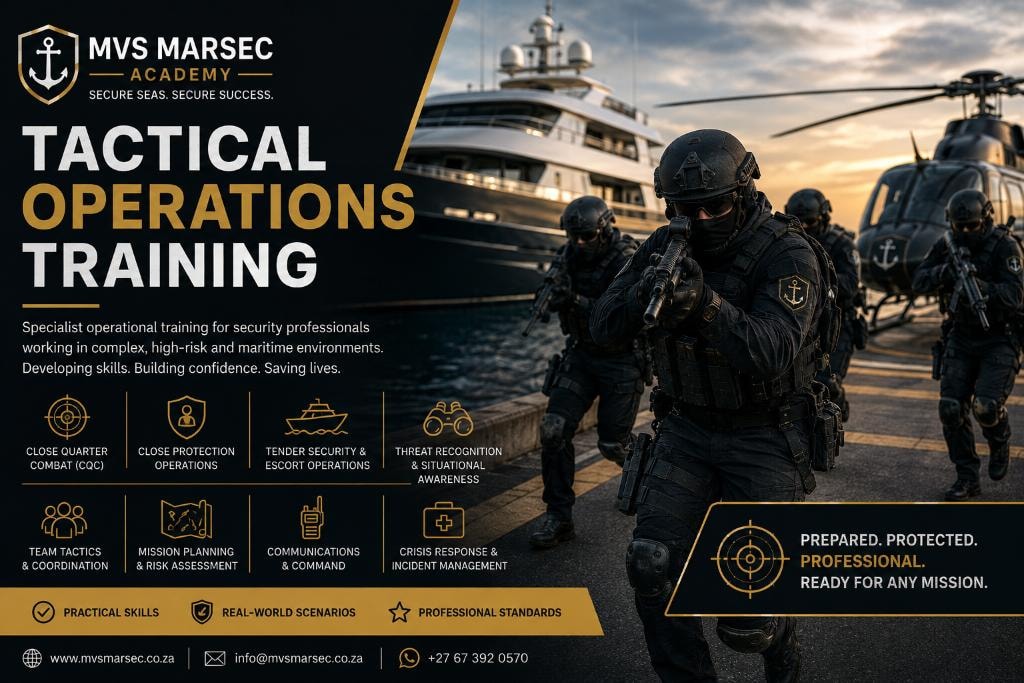 Tactical Operations Training promotional graphic showing security personnel beside a superyacht